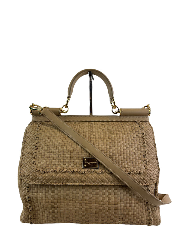 Dolce & Gabbana Tan Woven Leather Handbag w/ Attachable Strap