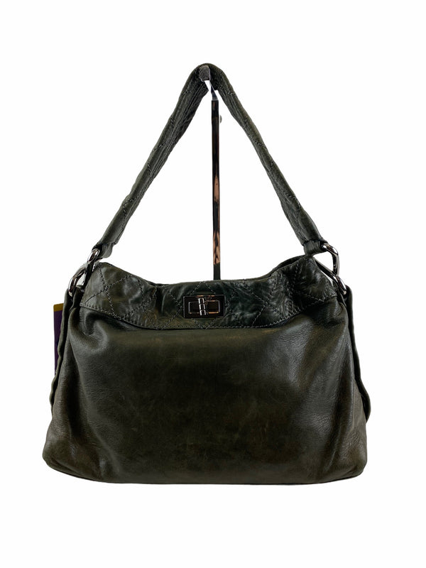 Chanel Vintage Olive Green Leather Foldover Shoulder Bag