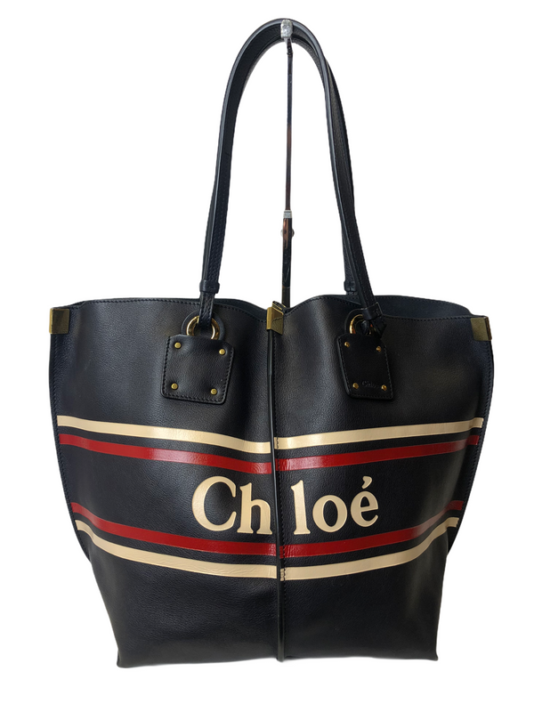 Chloé Navy Leather Logo Print Tote - As Seen on Instagram