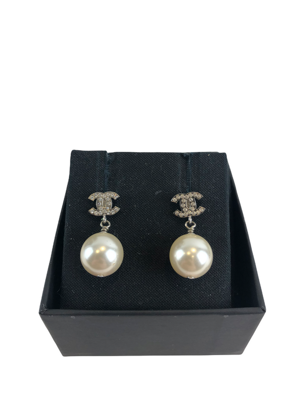 Chanel Double ‘CC’ Silvertone Pearl Drop Earrings