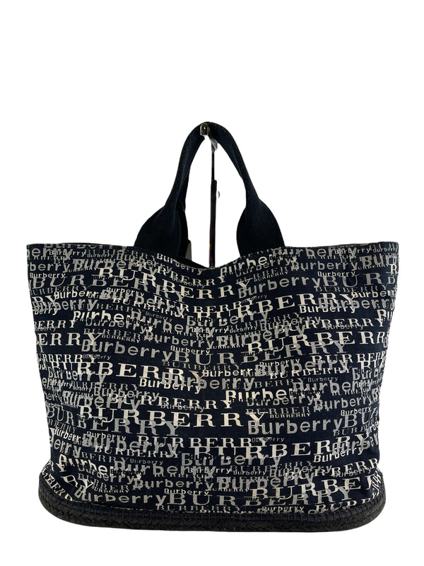 Burberry Navy and White Logo Canvas Tote