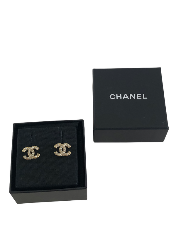 Chanel Goldtone Double ‘CC’ Mini Pearl Earrings