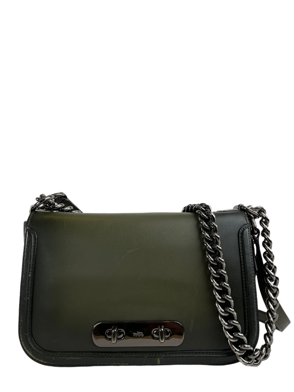 Coach Military Green Leather Chain Flap Shoulder Bag