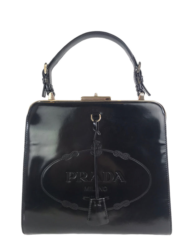 Prada Black Spazzolato Patent Leather ‘Frame Handle’ Vintage Bag