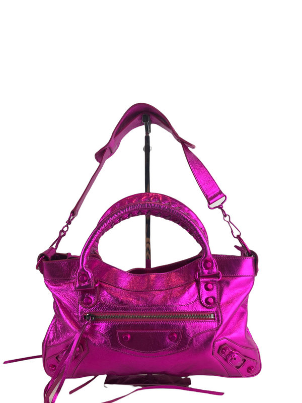 Balenciaga Neon Pink Metallic "Neo" Handbag w/ Detachable Shoulder Strap