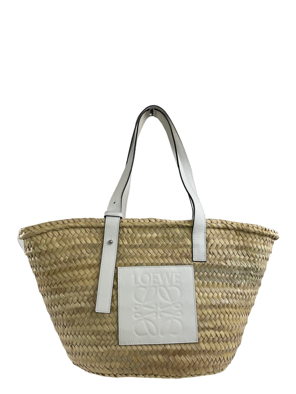 Loewe Medium White Leather-trimmed Woven Basket tote