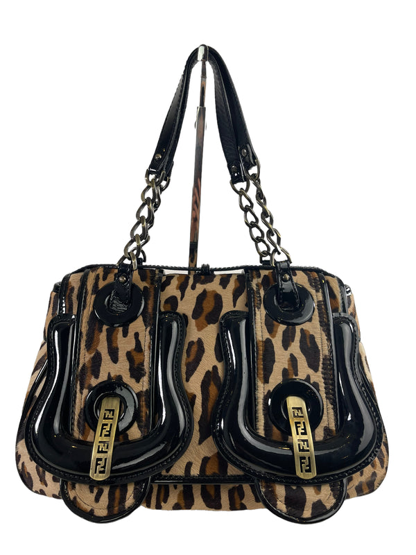 Fendi Leopard Print Pony Hair “B. Bag” Handbag with Black Patent Trim