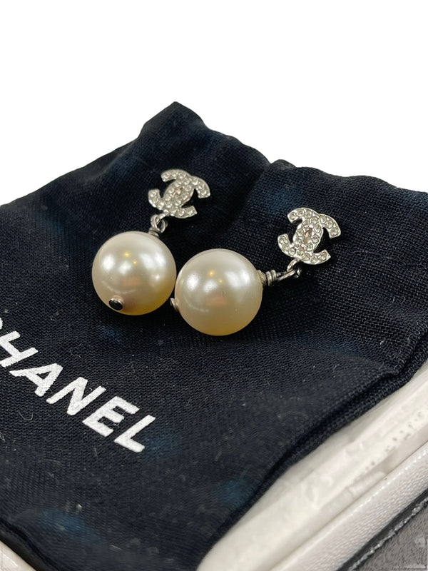 Chanel Silvertone Faux Pearl & diamanté CC Earrings