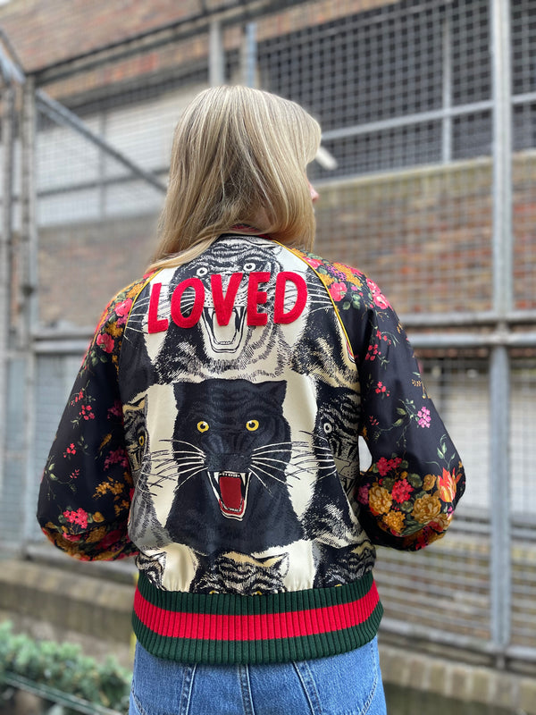 Gucci Multicolor Silk Printed 'Loved' Bomber Jacket - UK 8