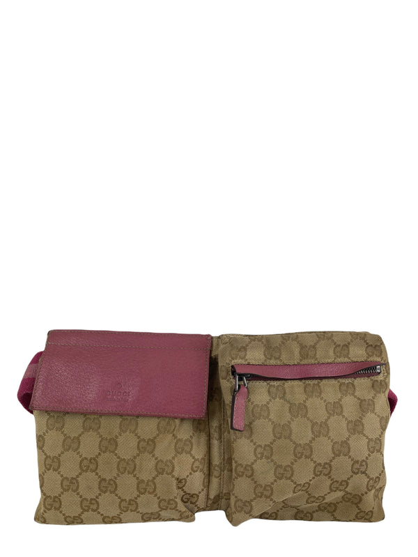 Gucci Beige Monogram Canvas Bumbag w/ Pink Adjustable Strap