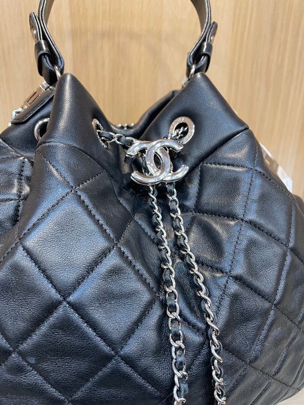 Chanel calfskin leather black bucket bag with silver tone hardware - As seen on instagram