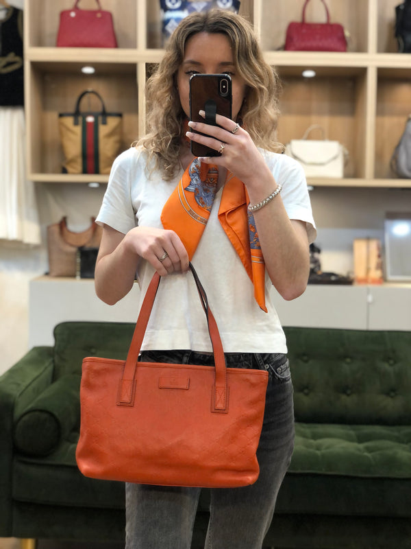 Gucci Orange Monogram Leather Tote Bag