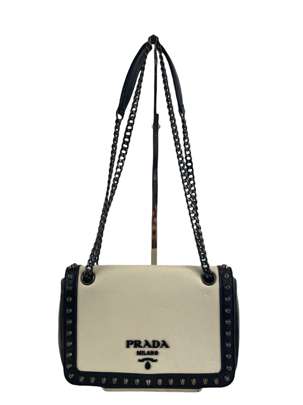 Prada Monochrome Glace Studded Leather Shoulder Bag