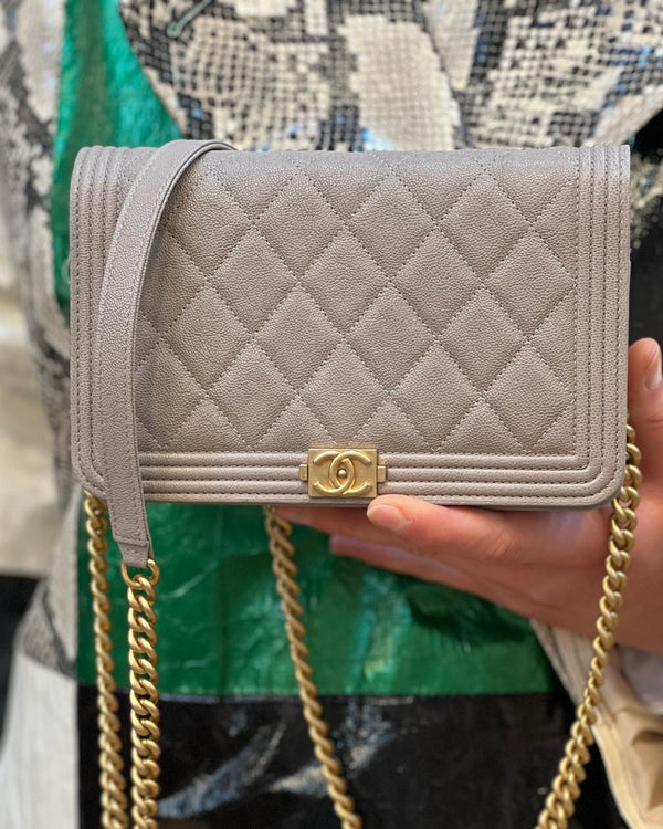 Chanel Grey Caviar Leather 'Boy Wallet On Chain'