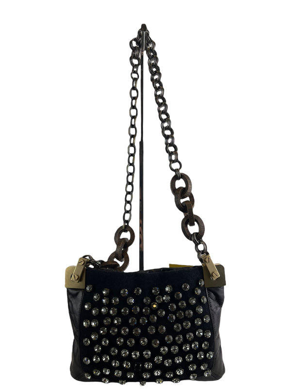 Lanvin Black Canvas & Leather Bejewled Chain Shoulderbag