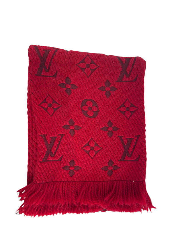 Louis Vuitton Reversible Red Monogram Wool & Silk Knit Scarf
