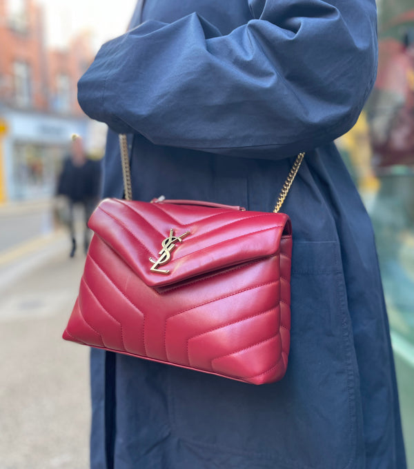 Saint Laurent Small Cherry Red Chevron Leather ‘LouLou’ Shoulder Bag