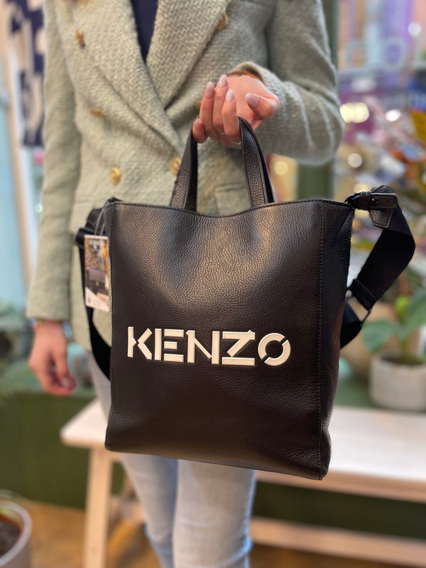 Kenzo Black Leather Logo Tote w/ Adjustable Strap