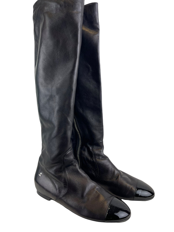 Chanel Black Leather Knee High Boots - UK 6