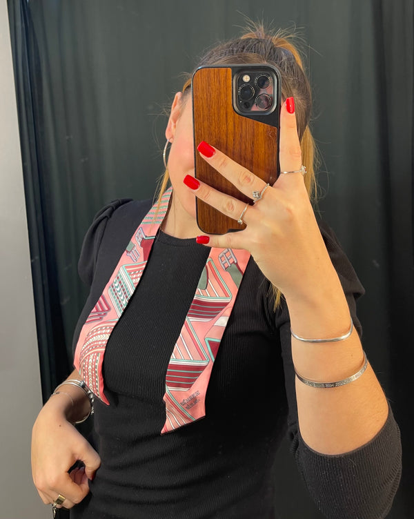 Hermès Red and Green Print Twilly Silk Scarf