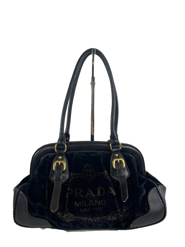 Prada Black Velvet & Leather Shoulder Bag