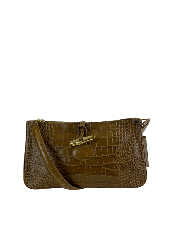 Longchamp Brown Croc Effect Leather Shoulder Bag
