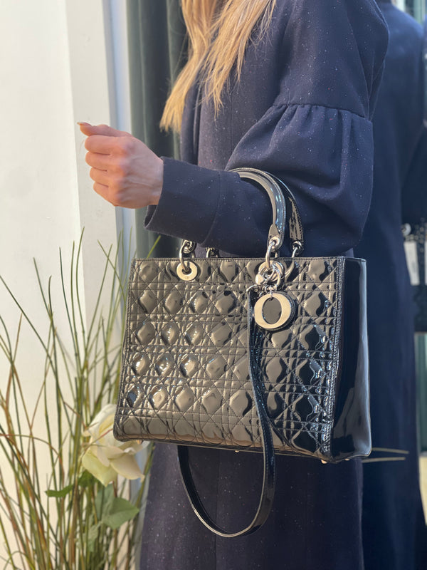 Christian Dior Black Patent Lady Dior Handbag