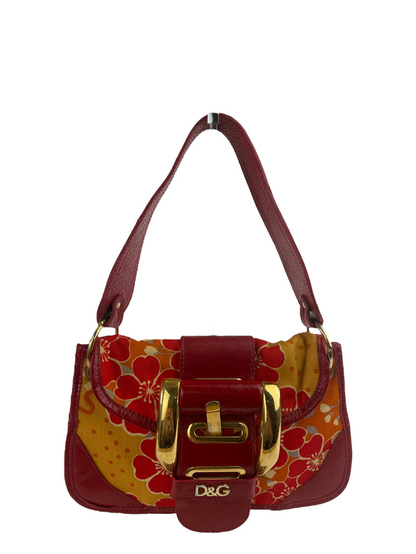 Dolce & Gabbana Small Vintage Red Leather & Floral Fabric Shoulder Bag