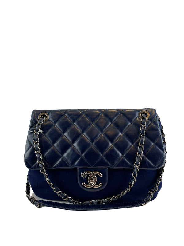 Chanel Navy Quilted Leather & Wool Single Flap