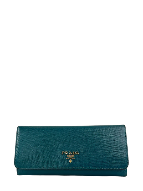 Prada Teal Saffiano Leather Continental Wallet