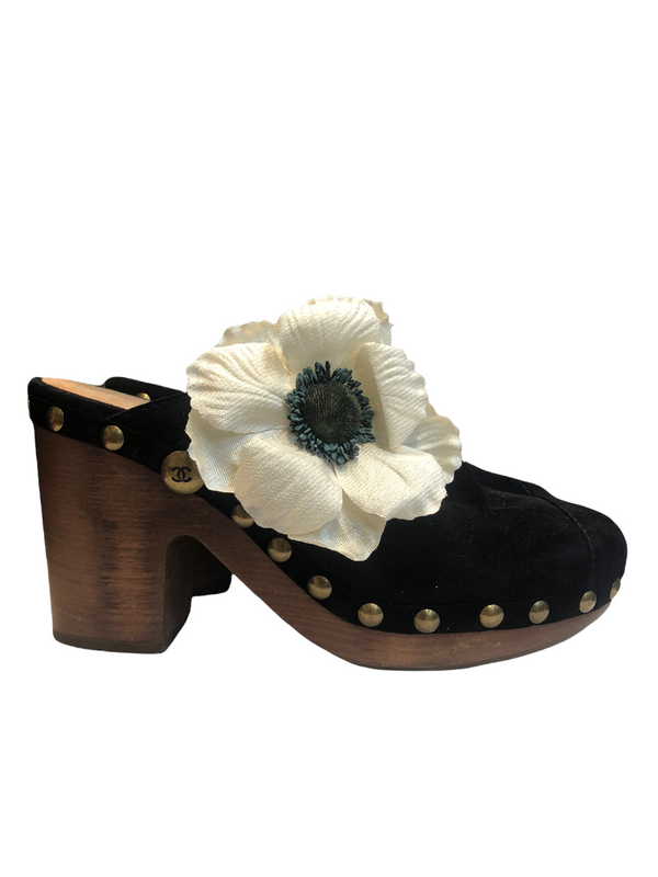Chanel Black Suede Block Heel Clogs - UK 6