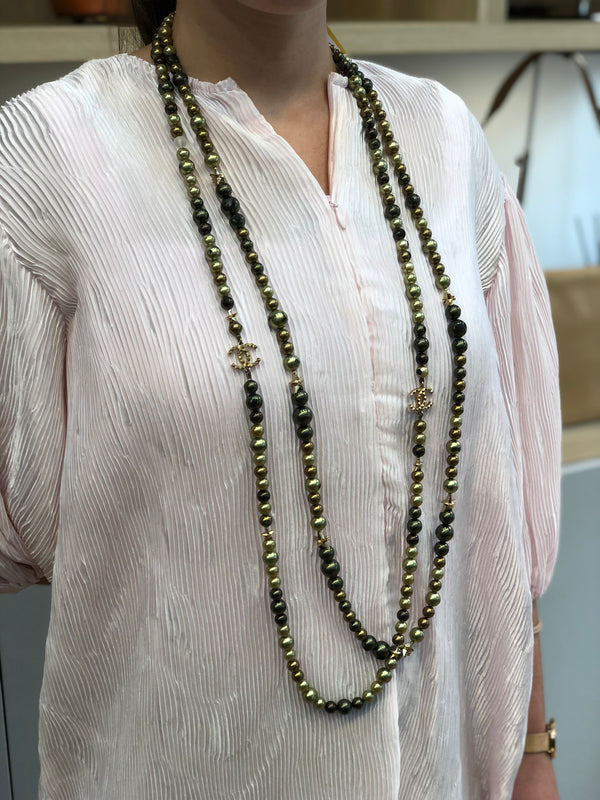 Chanel Khaki Green & Charcoal Faux Pear Necklace
