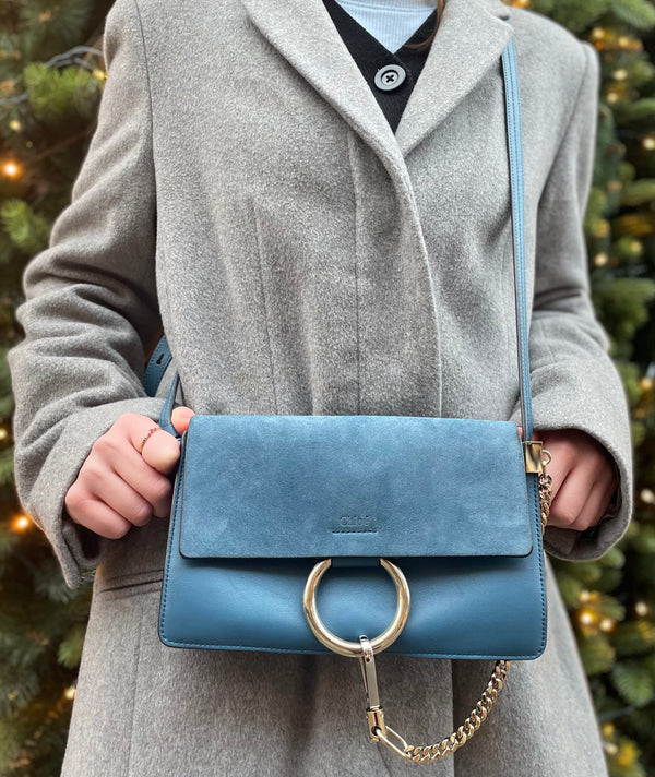 Chloe Teal Leather & Suede Small "Faye" Crossbody