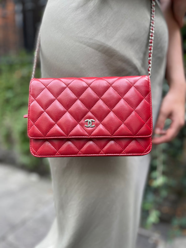 Chanel Red Lambskin Leather Wallet On Chain Crossbody