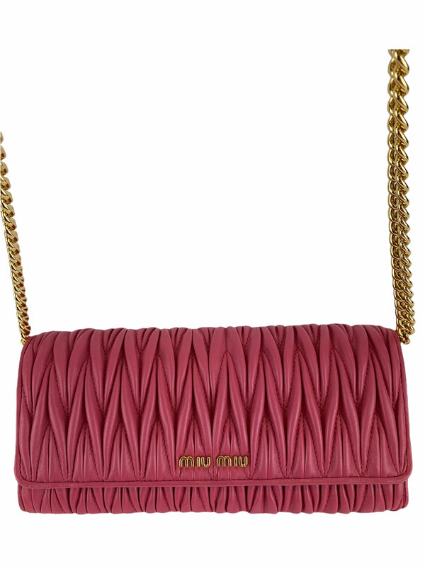 MiuMiu Pink Ruched Leather Wallet on a Chain
