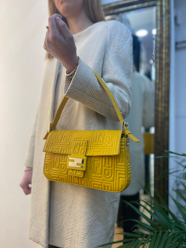 Fendi Mustard Yellow Embossed Leather Shoulder Bag