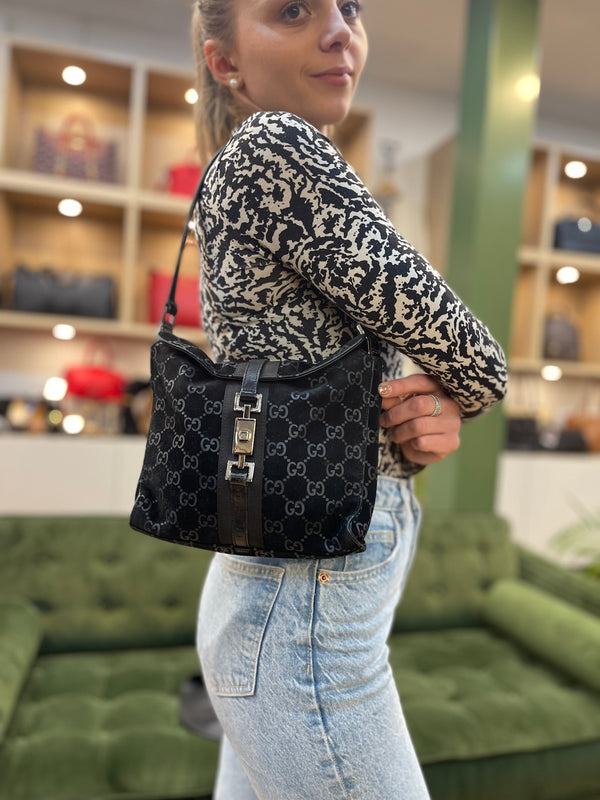 Gucci Vintage Black Suede Monogram Shoulder Bag